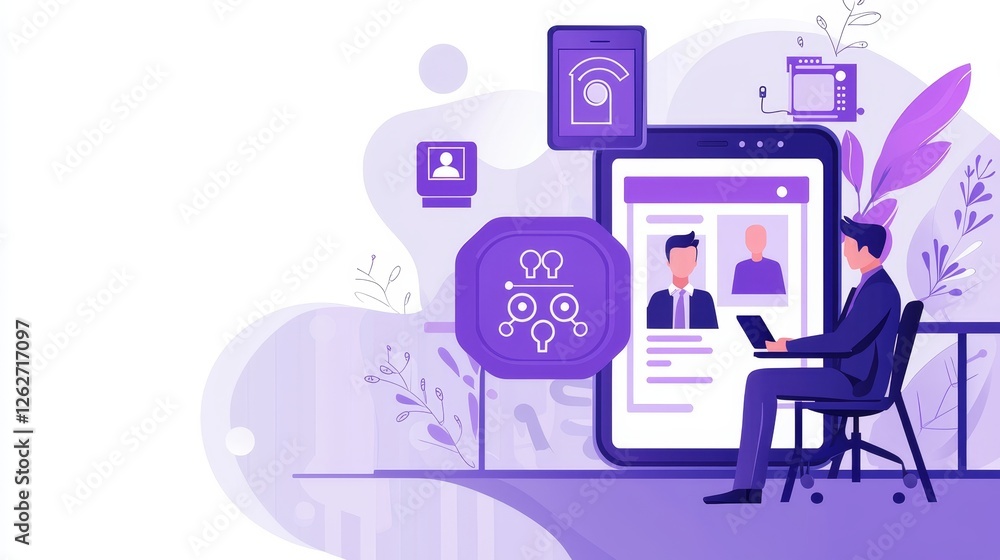 Poster utilizing a laptop and smartphone, a businessman chats with ai to connect with a smart robot ai. he 
