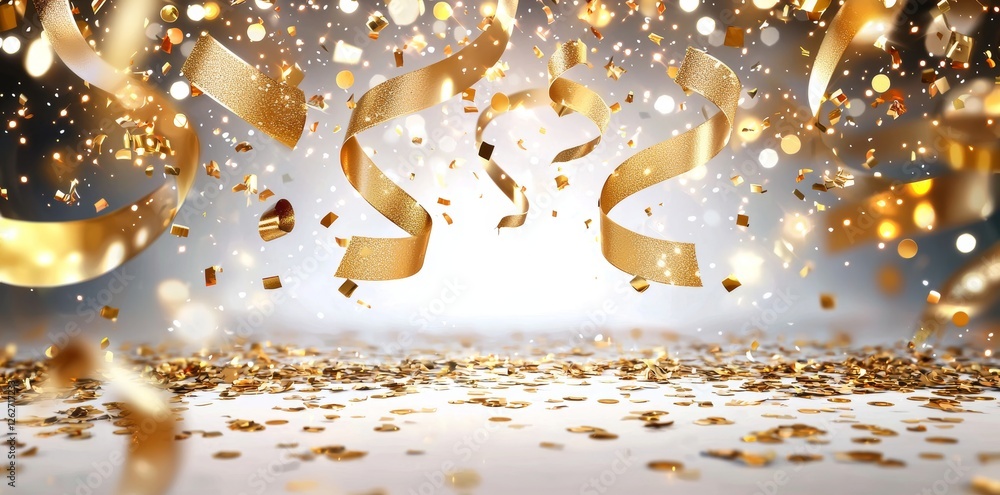 Poster a seamless design featuring realistic falling gold confetti and streamers with a transparent backdro
