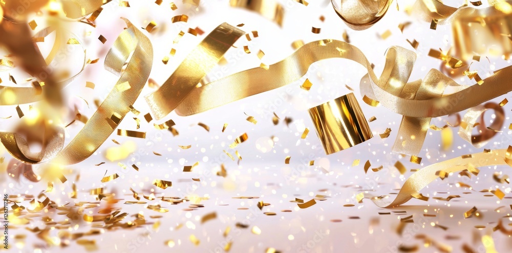 Poster transparent background with a seamless pattern of falling gold confetti and streamers