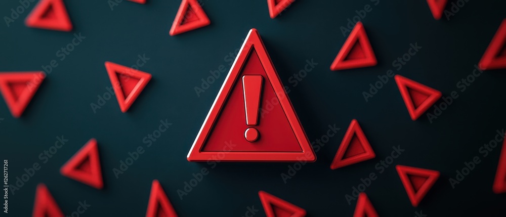 Aufkleber red warning triangle exclamation mark alert symbol on dark background with scattered triangles