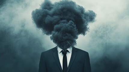 Dark cloud of smoke exploding from businessman's head representing stress, burnout syndrome, mental health issues or other negative emotions in surreal image