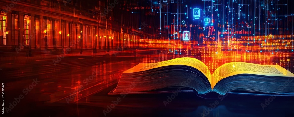 Aufkleber open book with digital data stream illuminated pages futuristic cityscape background