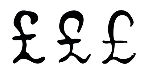 Hand drawn british pound currency symbol set Brush stroke doodle Single element for design