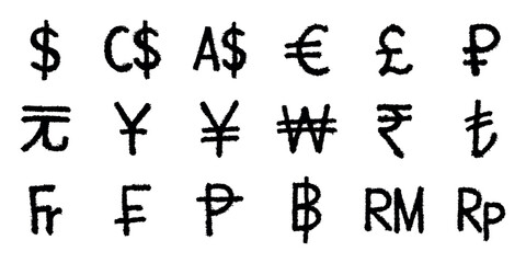 Hand drawn currency symbol set Dollar euro pound ruble yuan yen won rupee lira franc peseta baht ringgit rupiah