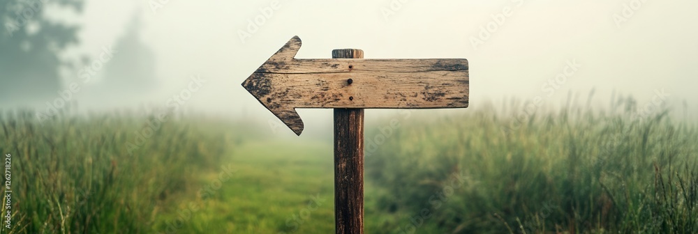 Poster Empty wooden arrow sign pointing to the left in a misty field, suggesting choice, direction, and the concept of fobo - fear of better option - in decision making