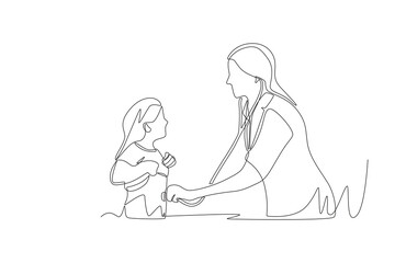 Doctor listens to patient's heartbeat. Listening to a chest concept one-line drawing