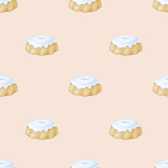 Easter sponge cake with icing. Watercolor seamless pattern in pastel colors for textile and wrapping paper. Cute spring illustration