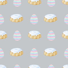 Watercolor Easter eggs, biscuit with icing. Watercolor seamless pattern in pastel colors for textile and wrapping paper. Cute spring illustration
