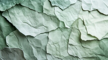 Crumpled pieces of green paper are layered across surface