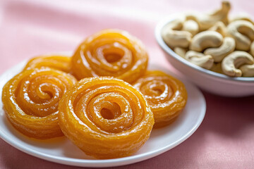 Fototapeta premium ate of golden jalebi, traditional Indian sweet with its shiny amber exterior and swirling pattern.