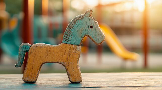 Wooden toy horse in playground setting, enhancing early childhood development and imaginative play. Perfect for outdoor family activities.