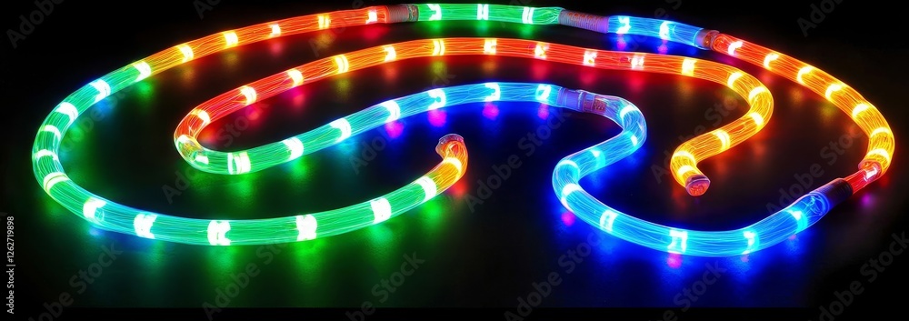 Poster 3d render. An abstract background features dynamic neon lines glowing in the dark, with reflections visible on the floor