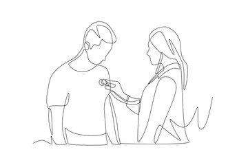 Doctor listens to patient's heartbeat. Listening to a chest concept one-line drawing
