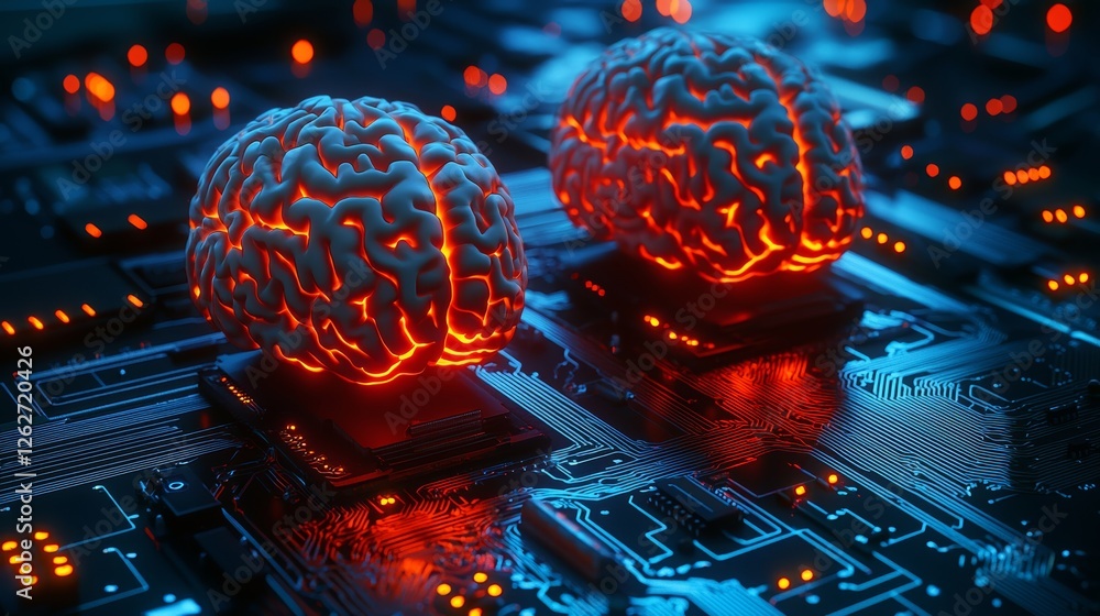 Poster the intersection of big data and stocks. a human brain lit by a processor, signifying the combinatio