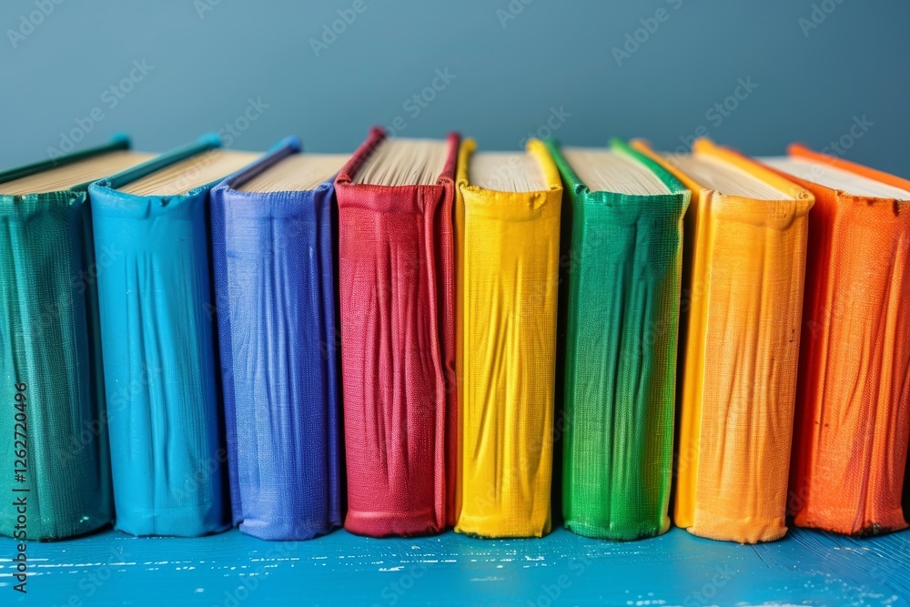 Poster vibrant colors of knowledge a row of colorful hardback books lined up on a blue background