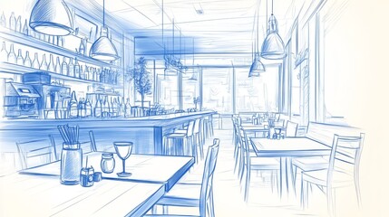 A blue drawing of a restaurant with a lot of food and drinks. Scene is casual and relaxed
