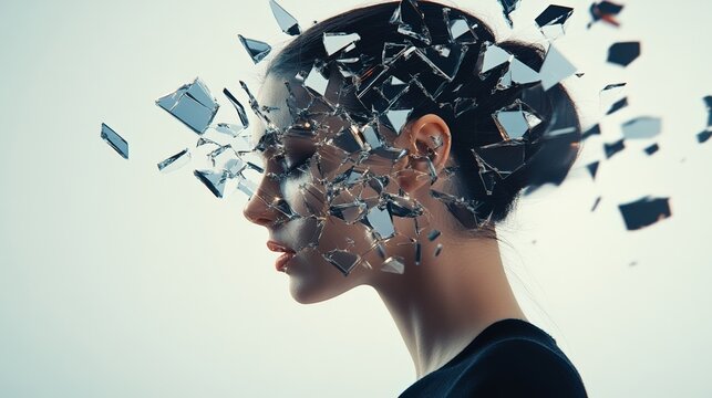Glass shards exploding from a young woman's head, illustrating the overwhelming effects of mental health issues such as stress, burnout, and information overload, along with intense migraines