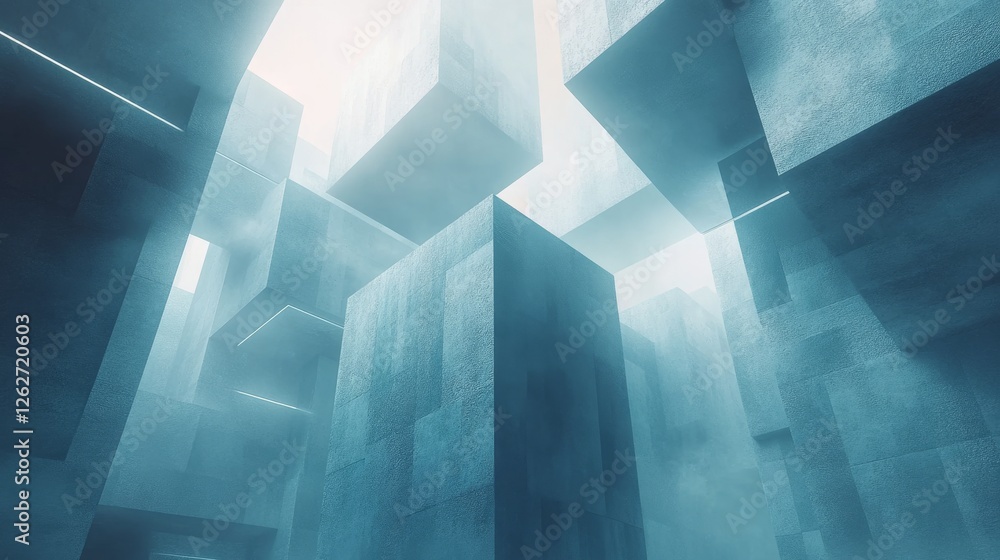 Poster abstract concrete structures with geometric forms and light illumination