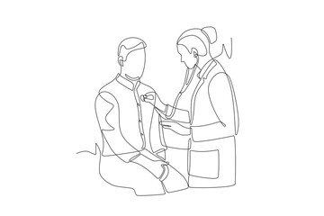 Doctor listens to patient's heartbeat. Listening to a chest concept one-line drawing