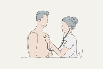 Colored doctor listens to patient's heartbeat. Listening to a chest concept one-line drawing