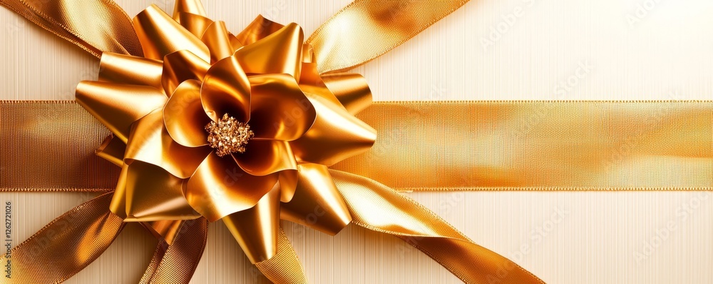 Poster golden bows with a horizontal gold ribbon, isolated and displayed on a transparent background