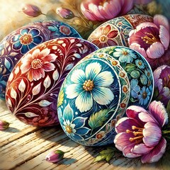 Easter eggs on wooden background watercolor