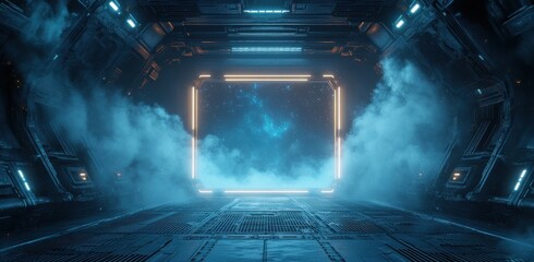Futuristic sci-fi portal in a spaceship corridor with glowing lights