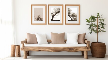 Rustic Wood Log Bench White Wall Art