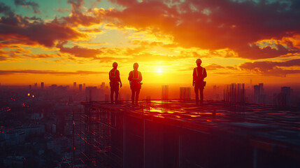 Fototapeta premium Construction workers standing on a high-rise framework at sunset, overlooking a city skyline, symbolizing teamwork and urban development