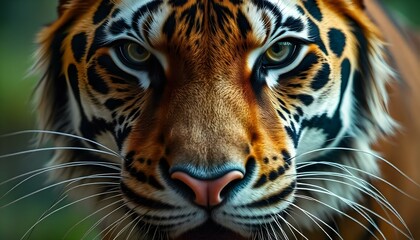 Fototapeta premium Tiger’s face in extreme close up, sharp whiskers and piercing eyes