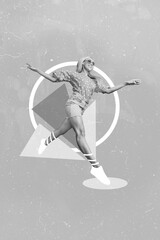 Collage artwork graphics picture of carefree happy smiling Ukrainian lady walking running isolated painting background