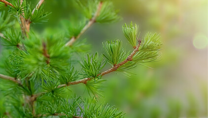 green larch branch with young leaves on blurred natural background in spring day.