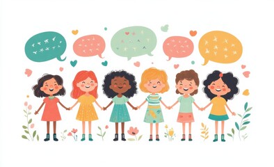 Fototapeta premium Illustration of Diverse Kids Holding Hands with Colorful Speech Balloons and Heart Motifs