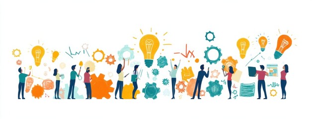 Creative teamwork concept illustrated with colorful people and light bulb ideas