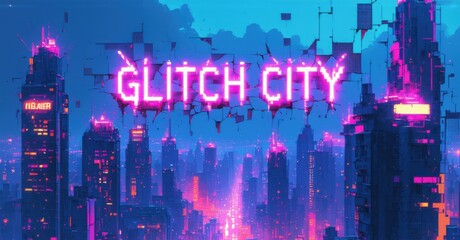 Fototapeta premium Futuristic cyberpunk cityscape with glitching neon text Glitch City, pixelated skyscrapers, digital distortion, and vibrant pink and blue lighting creating a dystopian atmosphere