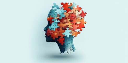 Head silhouette composed of colorful puzzle pieces illustrating mental complexity