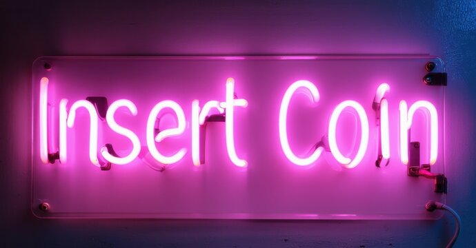 Neon sign reading insert coin glowing in electric hot pink, emitting bright, colorful illumination against a dark background, creating a vibrant and dynamic scene