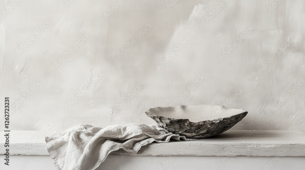 Poster elegant rustic bowl on a minimalist shelf with a soft linen cloth against a textured wall
