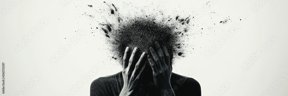 Poster black and white image of a stressed man holding his head with his hands, while it explodes into many