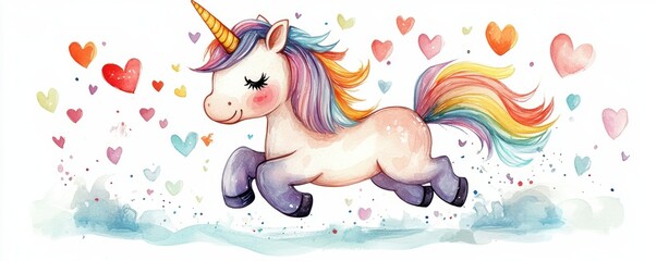 Adorable cartoon unicorn with rainbow mane surrounded by colorful hearts