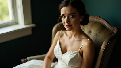 Bride in a vintage dress,  sitting in a vintage chair