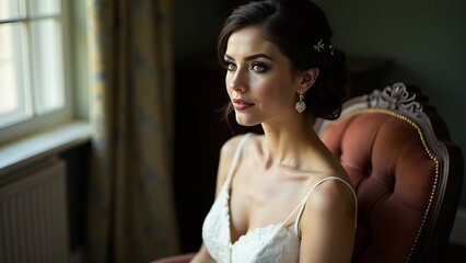 Naklejka premium Bride in a vintage dress, sitting in a vintage chair