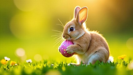 Obraz premium A fluffy rabbit sitting on a patch of green grass, gently holding a colorful Easter egg