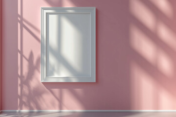Modern blank poster mockup in white frame against pastel pink wall showcasing soft shadows