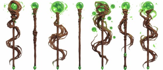 Obraz premium Magical Staffs Green Orb Wooden Vine Fantasy Game Assets Wizard s Wand Set