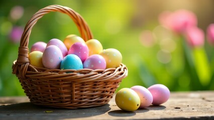 A woven wicker basket filled with pastel-colored Easter eggs