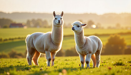 Fototapeta premium Llama and alpaca duo standing peacefully in lush grassland under soft afternoon light, charming animal companionship concept.