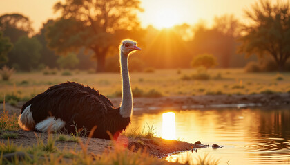 Ostrich sitting peacefully by a waterhole amidst the African bush at sunset, tranquil wildlife scene.