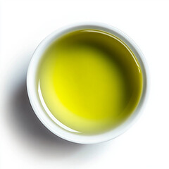 A professional studio shot of a close-up of a cup of green tea on a flat, pure white background. Top view
