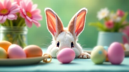 bunny ears just barely peeking over a table filled with Easter treats and eggs